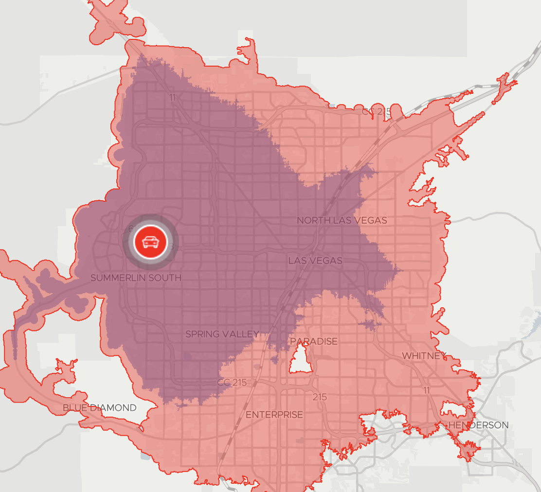Travel-time map centered near Summerlin showing a darker core zone and a wider lighter zone across the Las Vegas Valley